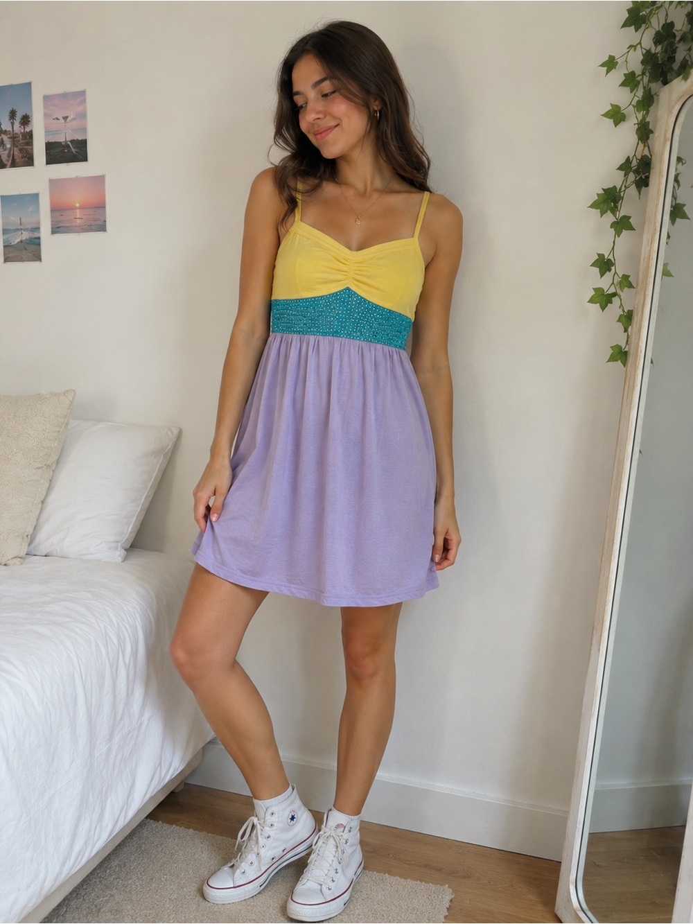 Rebelette Yellow, Teal & Lavender Spliced Sundress